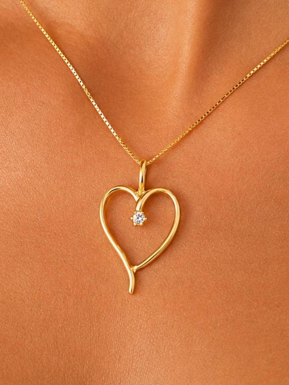 14K Yellow Gold Box Chain Heart Pendant Necklace Natural Diamond 18 inch Womens